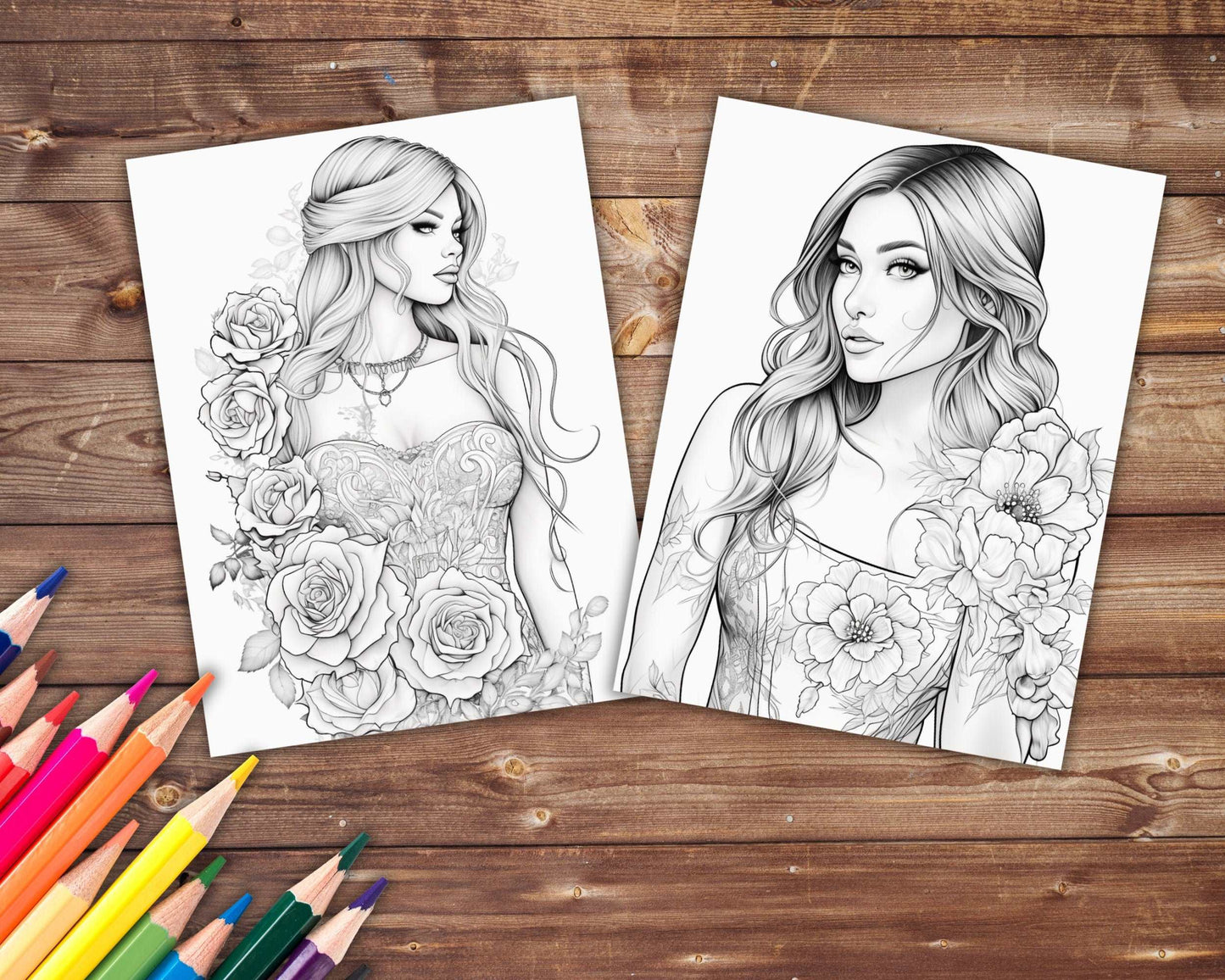 30 Women in Floral Dresses Coloring Book, Grayscale Fantasy Blossom Beauties Coloring For Adults, Beautiful Woman and Dresses, Printable PDF