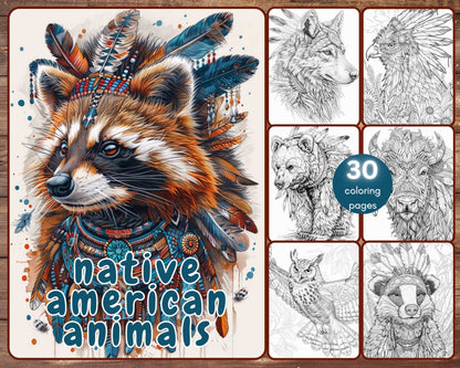 30 Native American Animals Coloring Book, Grayscale Fantasy Animals Coloring Pages for Adults, Printable PDF, Instant Download