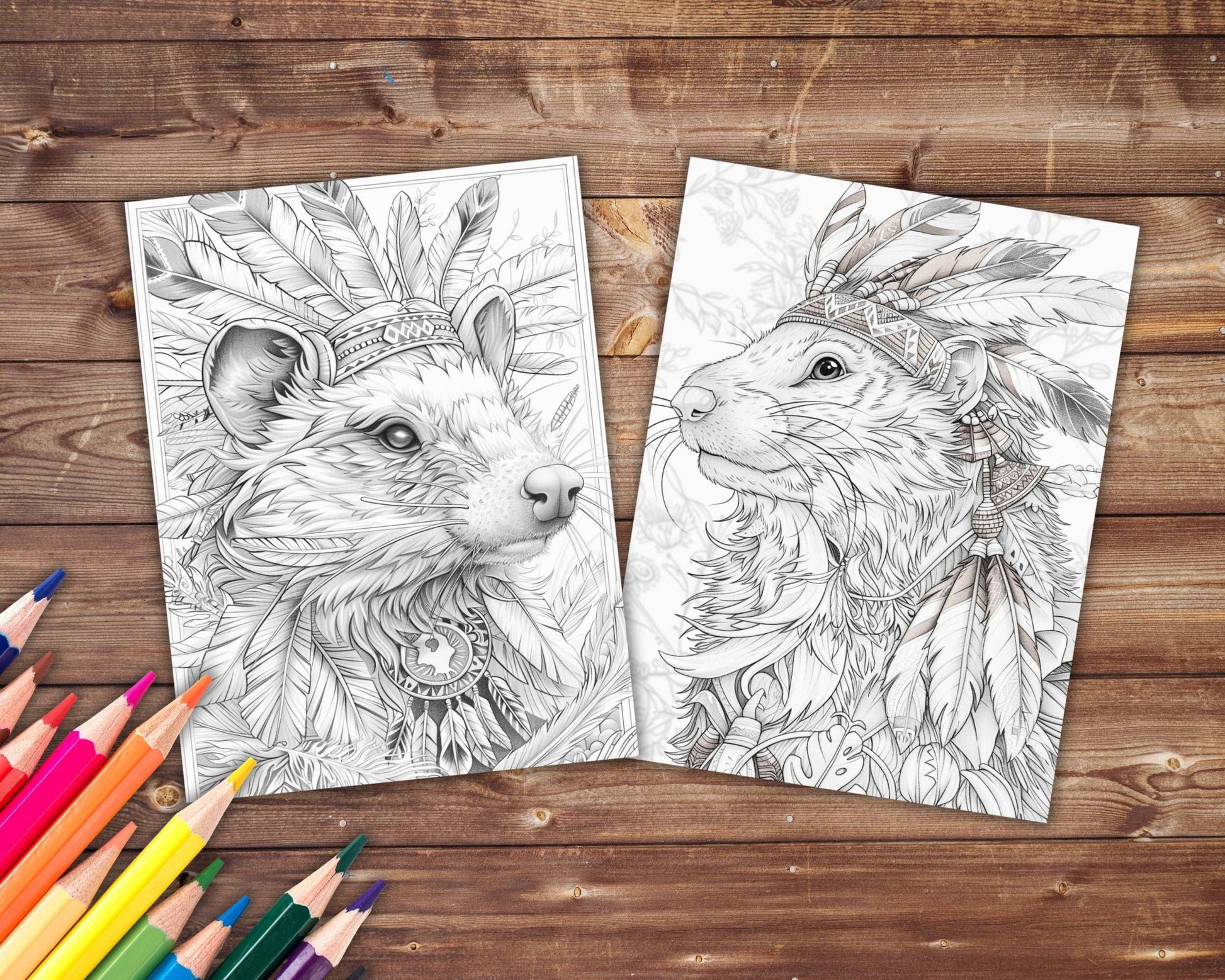 30 Native American Animals Coloring Book, Grayscale Fantasy Animals Coloring Pages for Adults, Printable PDF, Instant Download