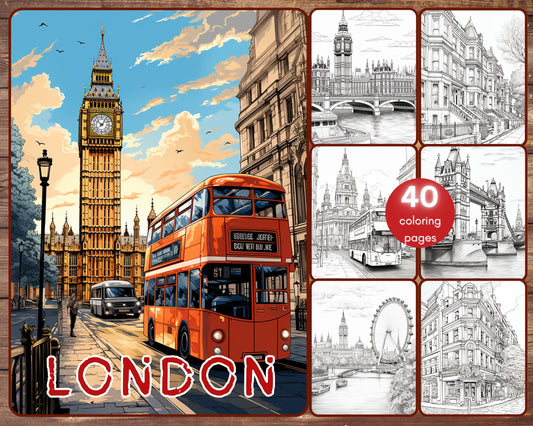 40 London Coloring Book, Grayscale Big Eye Coloring Pages for Adults, Buckingham London Eye Notting Hill, Travel Destinations, Printable PDF