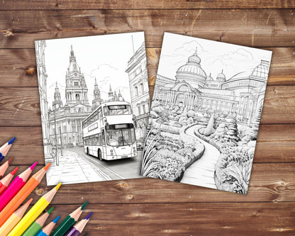 40 London Coloring Book, Grayscale Big Eye Coloring Pages for Adults, Buckingham London Eye Notting Hill, Travel Destinations, Printable PDF