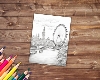 40 London Coloring Book, Grayscale Big Eye Coloring Pages for Adults, Buckingham London Eye Notting Hill, Travel Destinations, Printable PDF