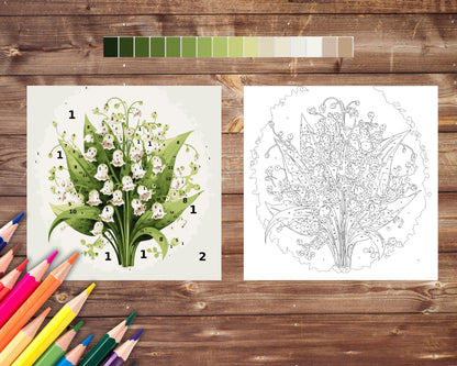 May Birth Flower Color by Number, Lily of the Valley Paint By Number for Adult, Printable Coloring Pages Sheets, Digital Download, PDF&PNG