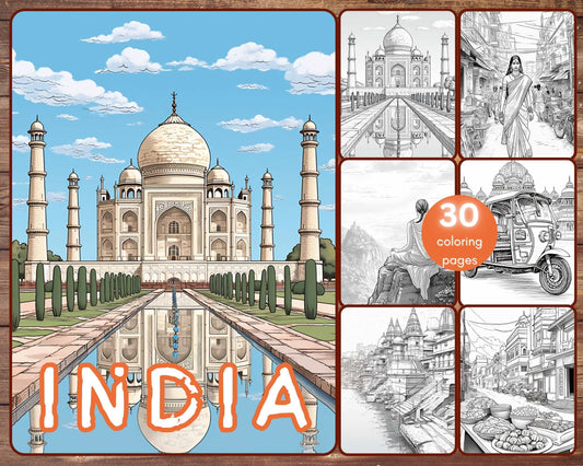 30 India Coloring Book, Grayscale Travel Destinations Coloring Book for Adults, Temple, Indian Women, Sari, Printable PDF, Instant Download