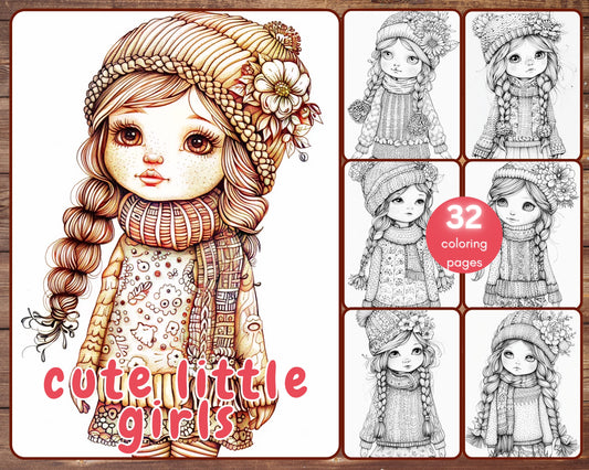 32 Cute Little Girls Coloring Book, Grayscale Fantasy Rag Dolls Coloring for Adults, Braids, Sweaters, Procreate, PNG, Printable PDF