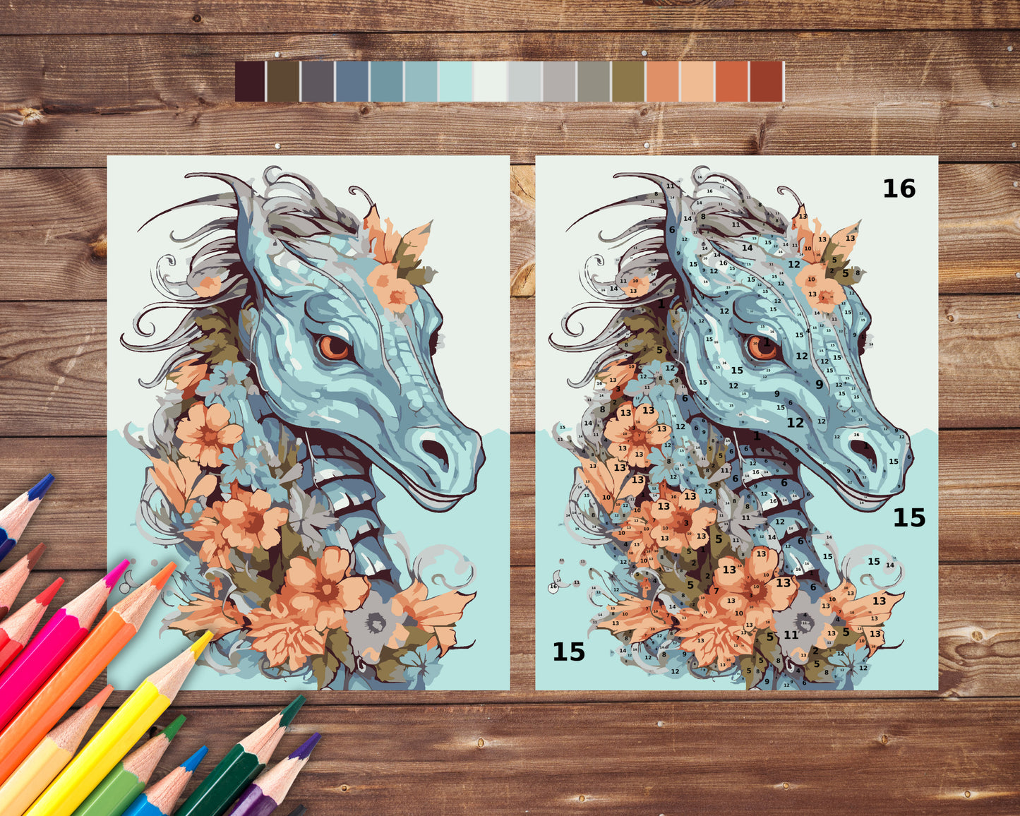 Seahorse Paint by Number, Sea Animals and Flowers Color By Number for Adults, Printable Coloring Pages Sheets, Digital Download, PDF&PNG