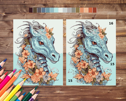 Seahorse Paint by Number, Sea Animals and Flowers Color By Number for Adults, Printable Coloring Pages Sheets, Digital Download, PDF&PNG