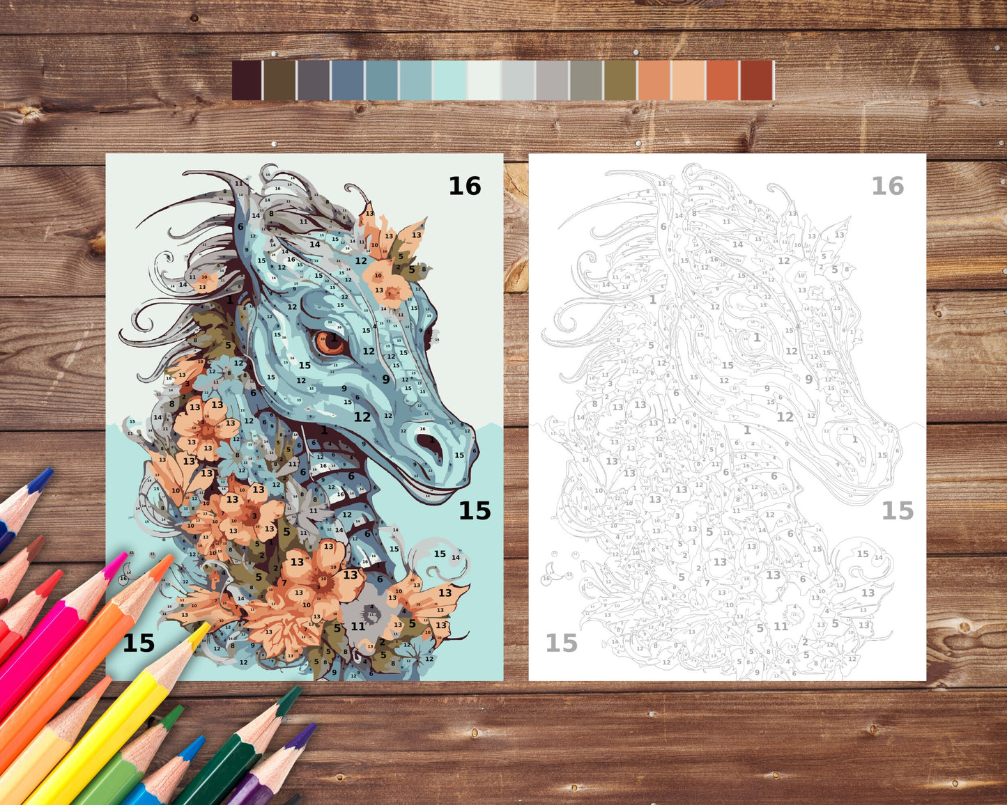 Seahorse Paint by Number, Sea Animals and Flowers Color By Number for Adults, Printable Coloring Pages Sheets, Digital Download, PDF&PNG