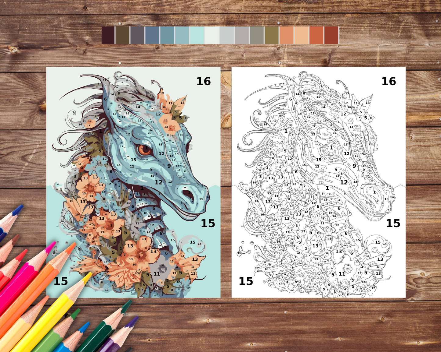 Seahorse Paint by Number, Sea Animals and Flowers Color By Number for Adults, Printable Coloring Pages Sheets, Digital Download, PDF&PNG