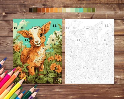 Cute Goat Paint by Number, Farm Animal Color By Number for Adults, Printable Coloring Pages Sheets, Digital Download, PDF&PNG