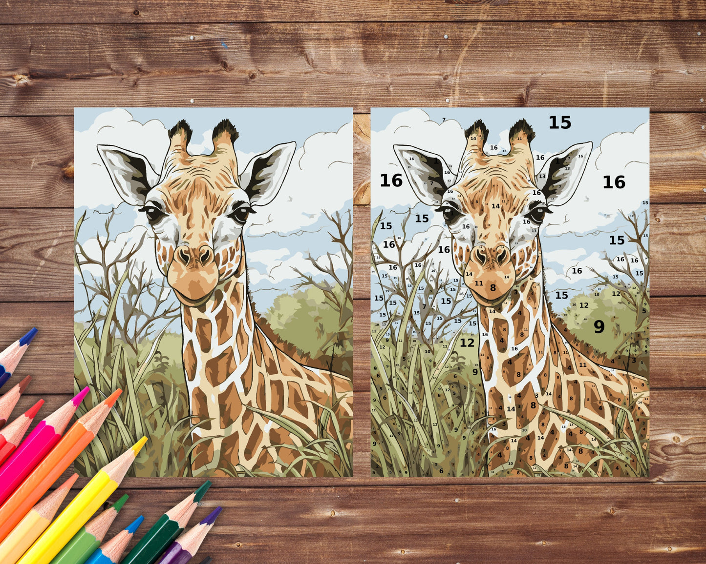 Giraffe Paint by Number, African Animals By Number for Adults, Printable Coloring Pages Sheets, Digital Download, PDF&PNG