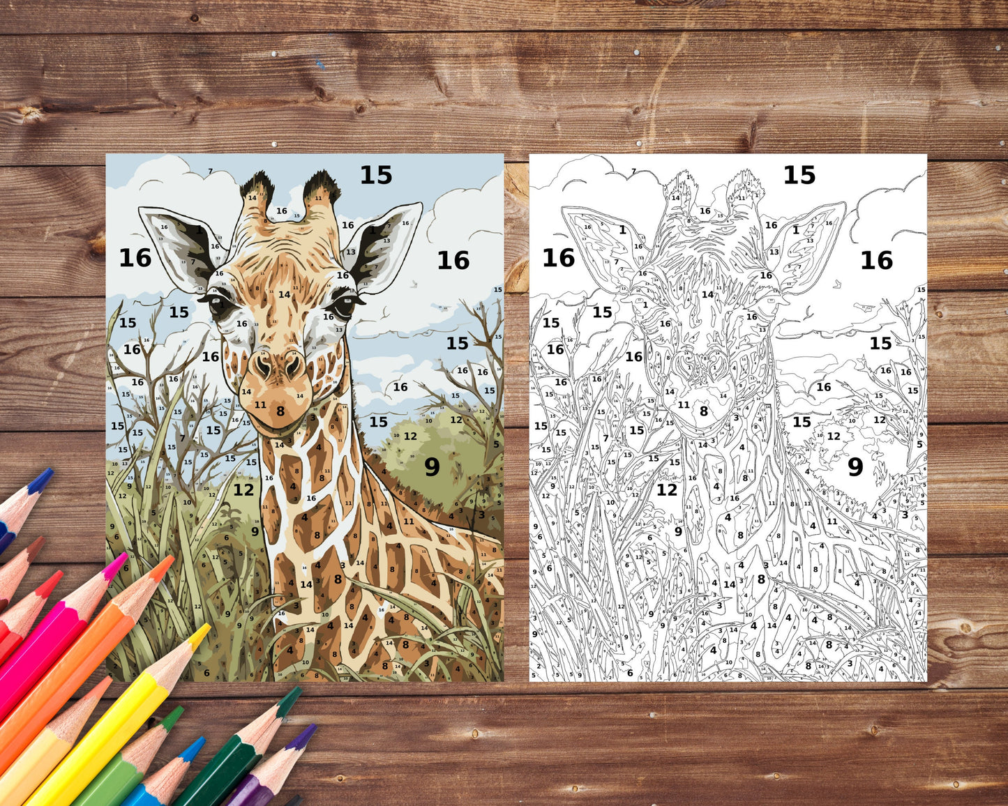 Giraffe Paint by Number, African Animals By Number for Adults, Printable Coloring Pages Sheets, Digital Download, PDF&PNG