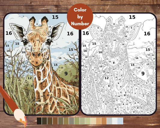 Giraffe Paint by Number, African Animals By Number for Adults, Printable Coloring Pages Sheets, Digital Download, PDF&PNG