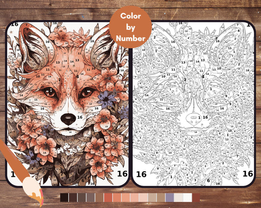 Color By Number for Adult, Fox Paint by Number, Printable Coloring Pages Sheets, Digital Download, PDF, PNG