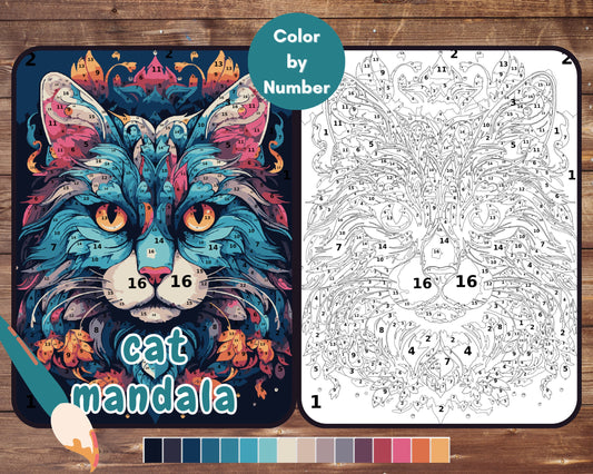 Cat Mandala Paint by Number, Color By Number for Adult, Printable Coloring Pages Sheets, Digital Download, PDF&PNG