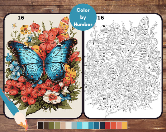 Color By Number for Adults, Butterfly Paint by Number, Printable Coloring Pages Sheets, Digital Download, PDF