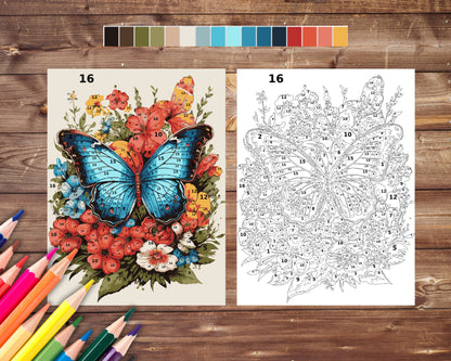 Color By Number for Adults, Butterfly Paint by Number, Printable Coloring Pages Sheets, Digital Download, PDF