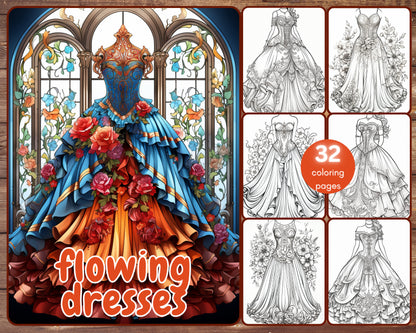 32 Flowing Dresses Coloring Book, Grayscale Victorian Dresses Coloring Pages for Adults and Teens, Medieval, Printable PDF, Instant Download