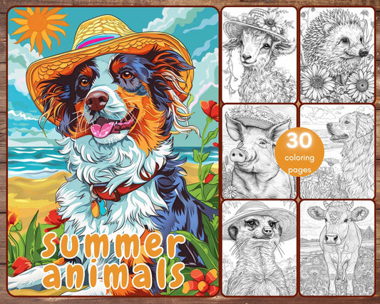 30 Summer Animals Coloring Book, Grayscale Animals and Flowers Coloring Pages for Adults Kids, Cats, Dogs, Printable PDF, Instant Download