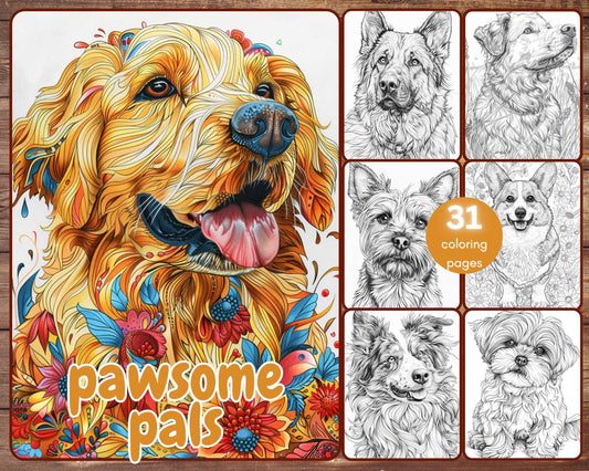 31 Dogs Coloring Book, Grayscale Dog Breeds Coloring Pages for Adults Kids, Golden Retriever, Corgi, Printable PDF, Instant Download