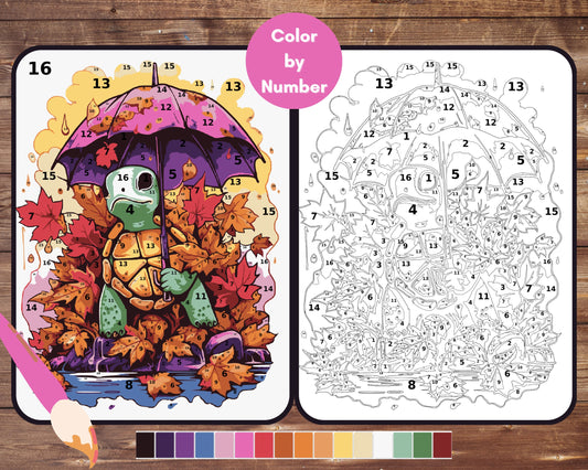 Color By Number for Adults, Turtle Paint by Number, Umbrella, Printable Coloring Pages Sheets, Digital Download, PDF, PNG, SVG