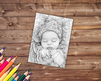 35 Cute Babies Coloring Book, Grayscale Newborn Babies and Flowers Coloring Pages for Adults, Baby Bliss, Printable PDF, Instant Download