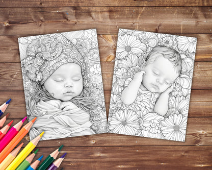 35 Cute Babies Coloring Book, Grayscale Newborn Babies and Flowers Coloring Pages for Adults, Baby Bliss, Printable PDF, Instant Download