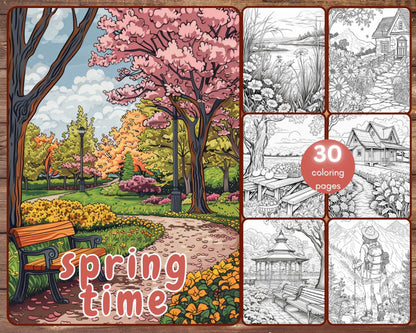 30 Spring Time Coloring Book, Grayscale Spring Gardens Coloring Pages for Adults Flowers, Printable PDF, Instant Download