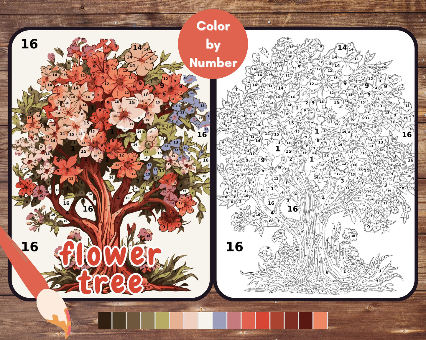 Flower Tree Color By Number for Adults, Tree Paint by Number, Printable Coloring Pages Sheets, Digital Download, PDF, PNG