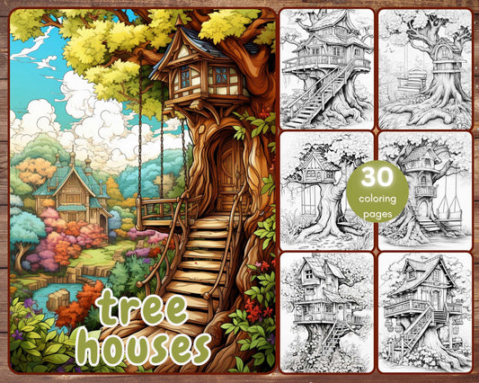 30 Tree Houses Coloring Book, Grayscale Flower Houses Coloring for Adults and Kids, Wooden Houses, Printable PDF, Instant Download