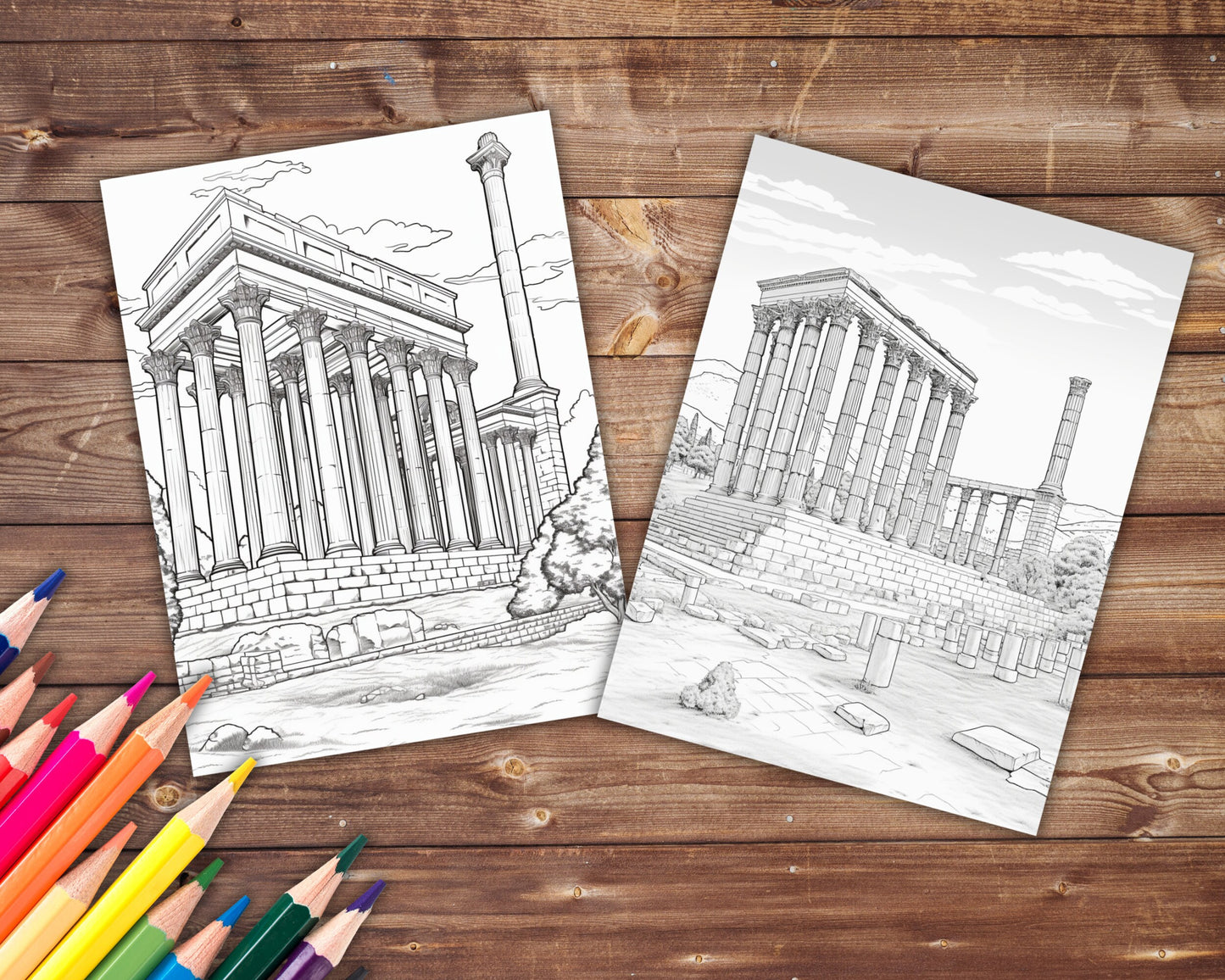 45 Grayscale Greece Coloring Book, Travel Coloring Pages for Adults, Printable PDF