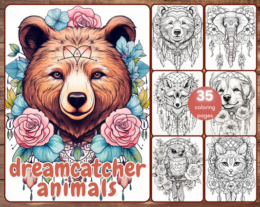 35 Dreamcatcher Animals Coloring Book, Grayscale Fantasy Animals and Flowers Coloring Pages, Feathers, Printable PDF, Instant Download