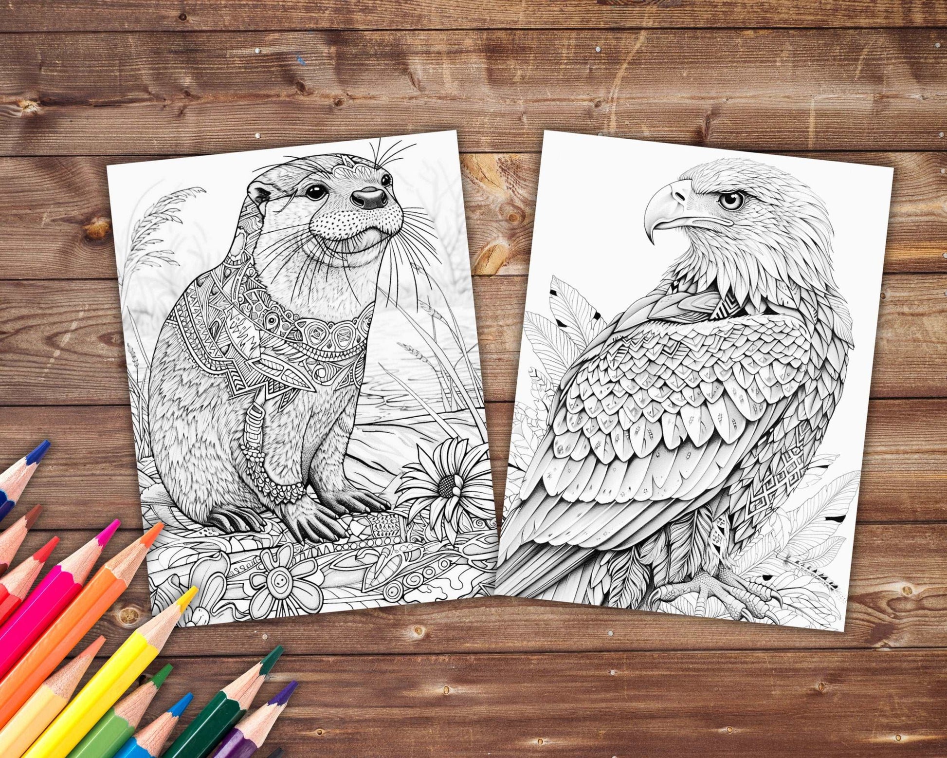 30 Native American Animals Coloring Book, Grayscale Fantasy Animals Coloring Pages for Adults, Printable PDF, Instant Download