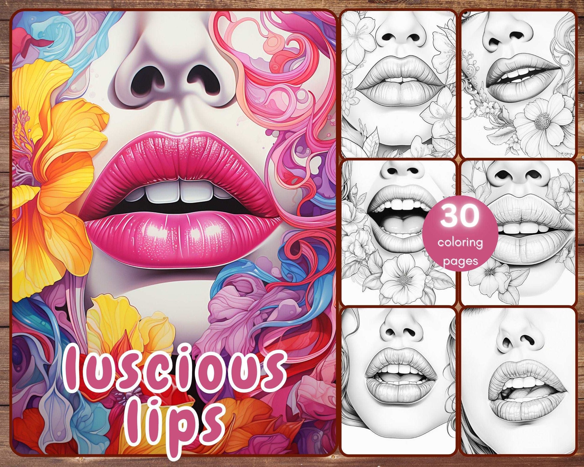 30 Luscious Lips Coloring Book, Grayscale Women's Lips and Flowers Coloring Pages for Adults and Teens, Printable PDF, Instant Download