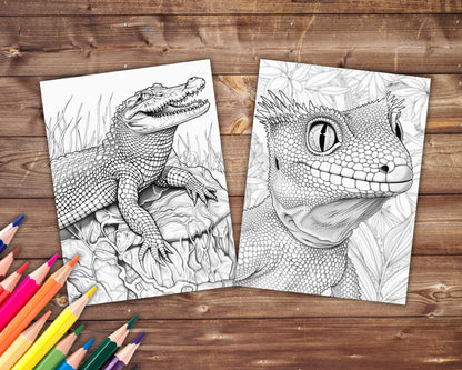 32 Reptiles Coloring Book, Grayscale Lizards Coloring Pages for Adults and Kids, Snakes, Geckos, Printable PDF, Instant Download