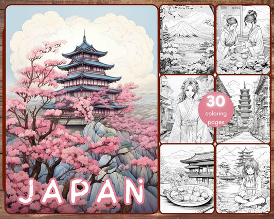 30 Japan Coloring Book, Travel Destinations, Cherry Blossoms, Temple, Kimono, Japanese Woman, Fantasy Grayscale Coloring Book for Adults