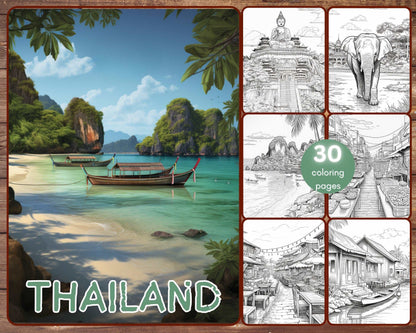 30 Thailand Coloring Book, Grayscale Travel Coloring Book for Adults, Temples, Beaches, Bangkok, Food, Fantasy, Instant Download, Printable