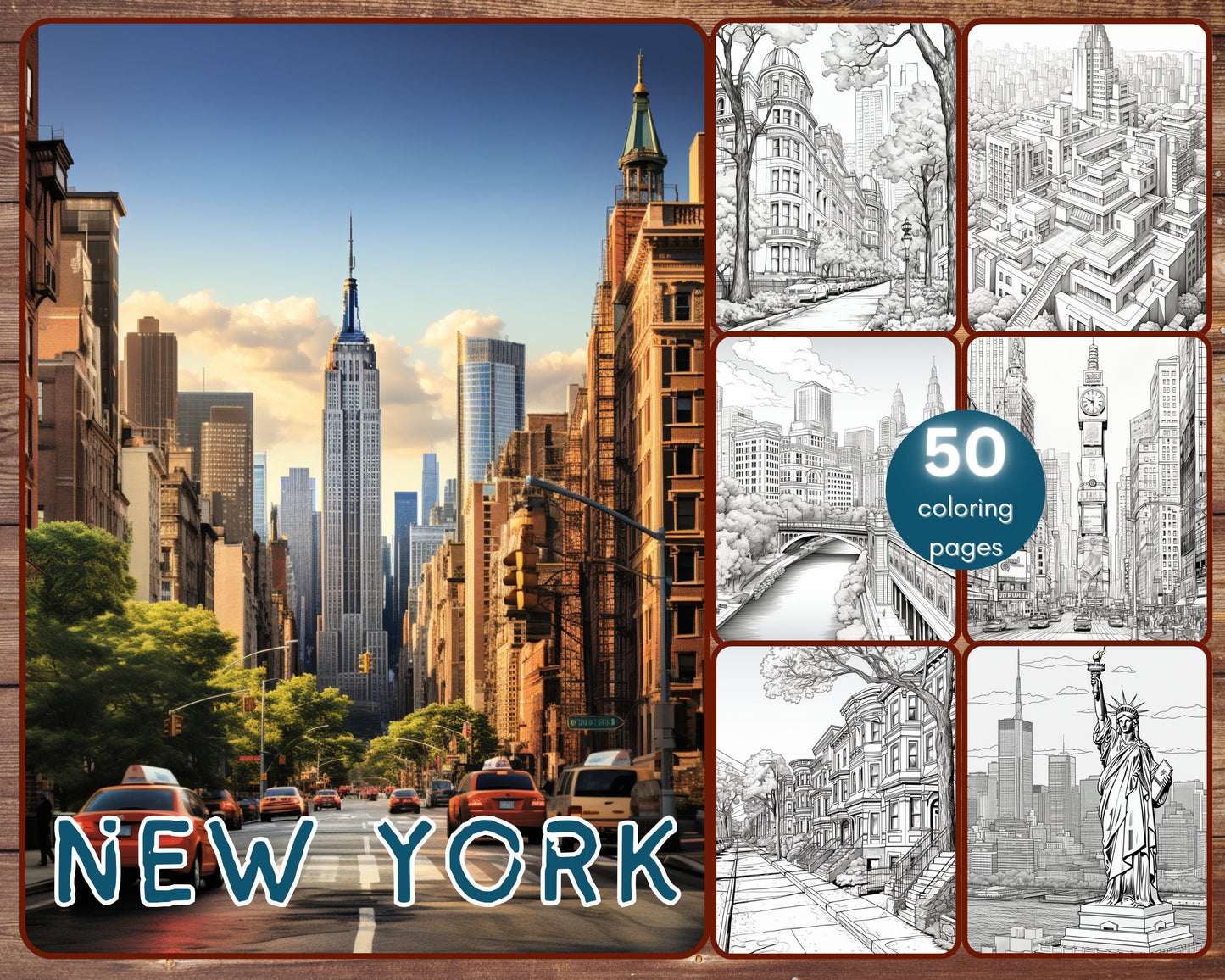 50 New York Coloring Book, Grayscale Big Apple Coloring Pages for Adults, Brooklyn Statue of Liberty, Travel Destinations, Printable PDF