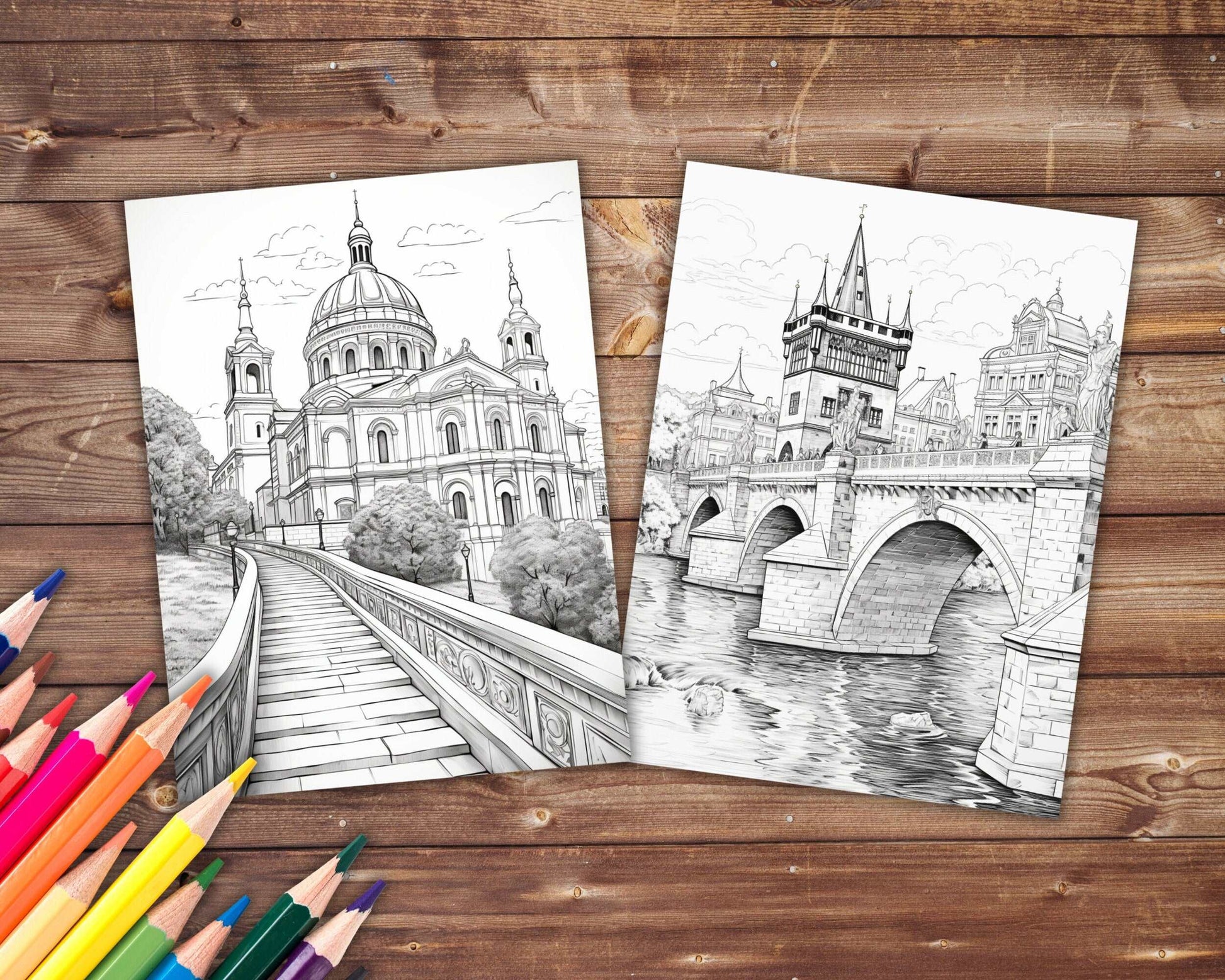 30 Prague Coloring Book, Grayscale Czechia Coloring Pages for Adults, Gothic Mediavel Bohemian, Travel Destinations, Printable PDF