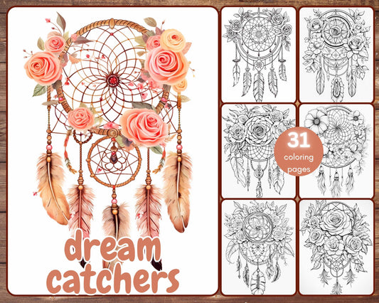 31 Dreamcatchers Coloring Book, Grayscale Fantasy Floral Dreamcatchers Coloring Pages for Adults and Teens, Instant Download, Printable PDF