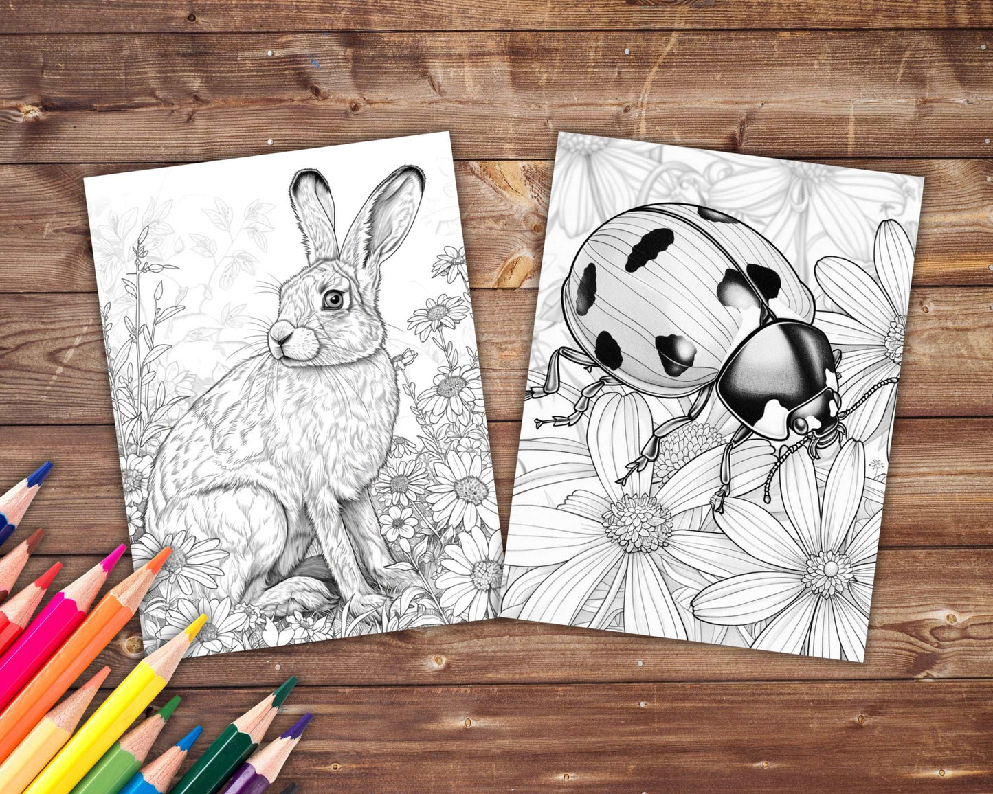 30 Spring Animals Coloring Book, Grayscale Animals and Flowers Coloring Pages for Adults Kids, Birds, Swan, Printable PDF, Instant Download