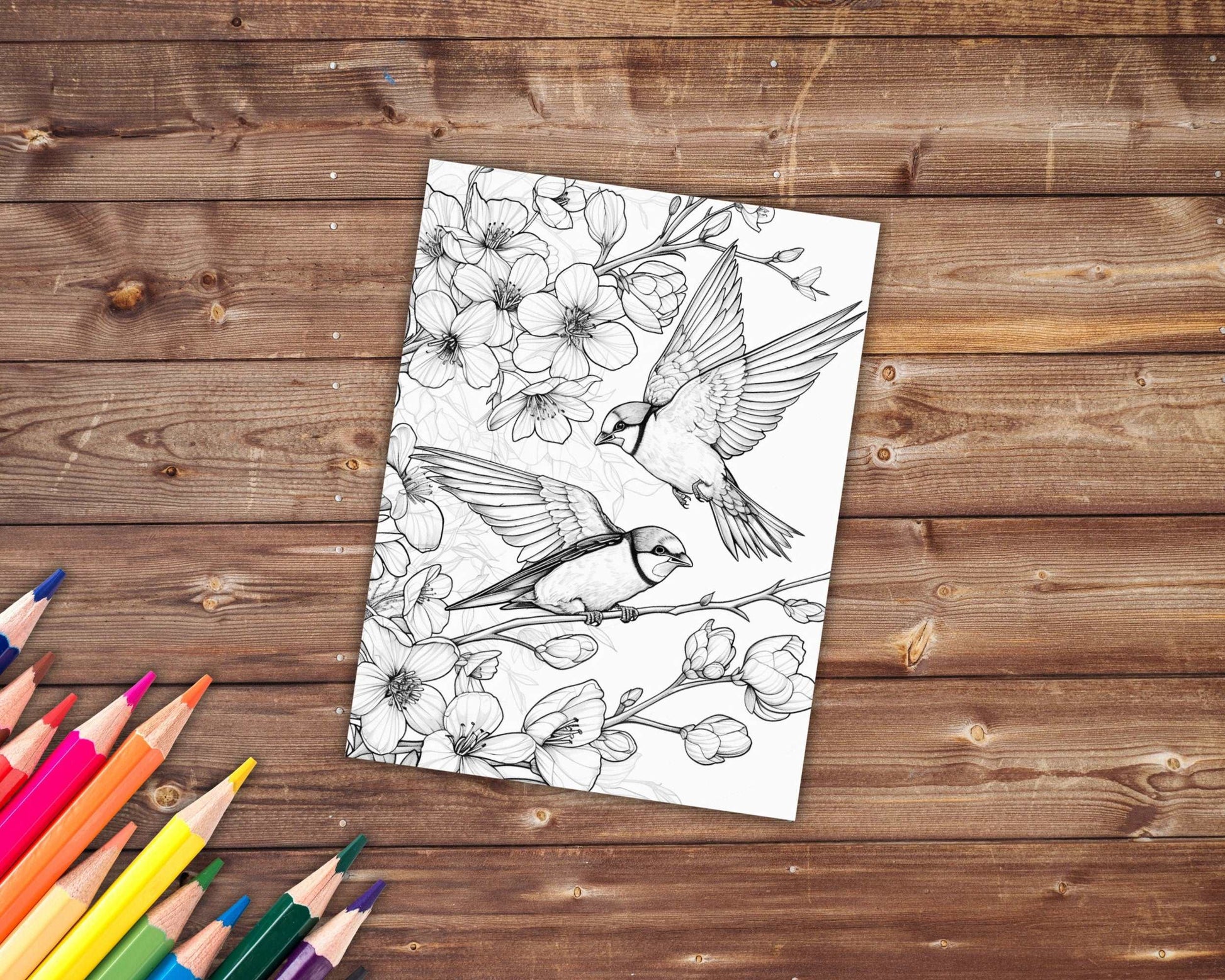 30 Spring Animals Coloring Book, Grayscale Animals and Flowers Coloring Pages for Adults Kids, Birds, Swan, Printable PDF, Instant Download