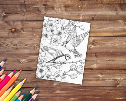 30 Spring Animals Coloring Book, Grayscale Animals and Flowers Coloring Pages for Adults Kids, Birds, Swan, Printable PDF, Instant Download