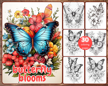 30 Butterfly Blooms Coloring Book, Grayscale Butterflies and Flowers Coloring Pages for Adults and Teens, Printable PDF, Instant Download