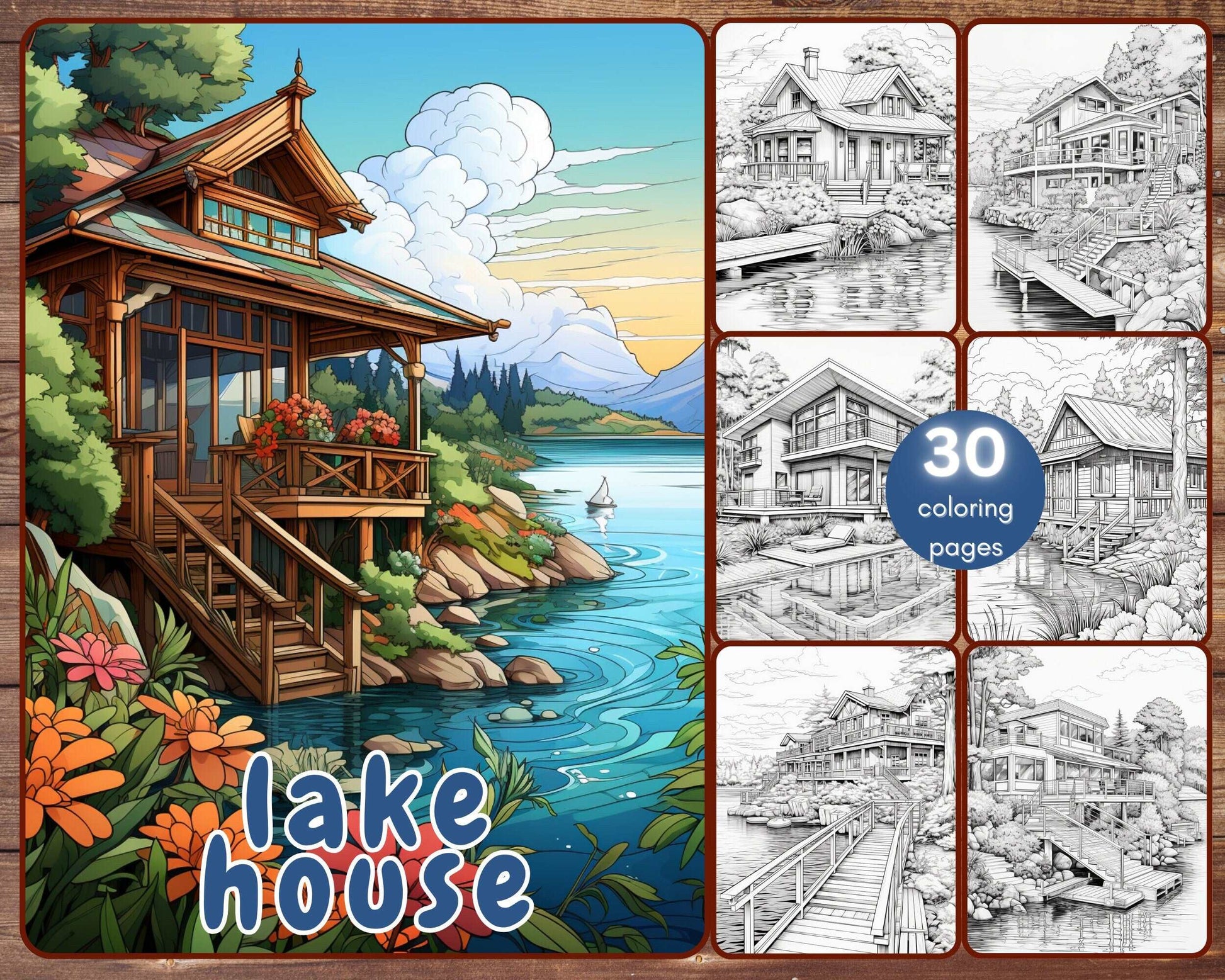 30 Lake Houses Coloring Book, Printable Dream House Coloring Pages, Grayscale Coloring Book for Adults, Fantasy Coloring, Printable PDF