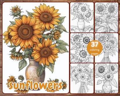 37 Sunflowers Coloring Book, Grayscale Sunflower Coloring Pages for Adults and Kids, Botanical, Floral, Spring, Printable PDF