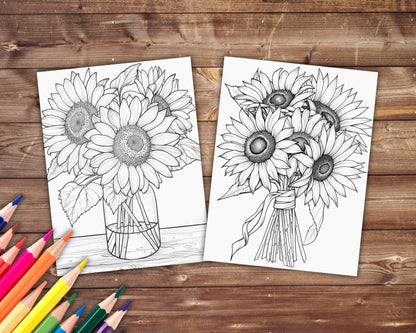 37 Sunflowers Coloring Book, Grayscale Sunflower Coloring Pages for Adults and Kids, Botanical, Floral, Spring, Printable PDF