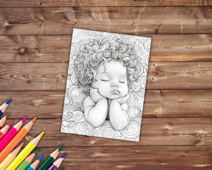 35 Cute Babies Coloring Book, Grayscale Newborn Babies and Flowers Coloring Pages for Adults, Baby Bliss, Printable PDF, Instant Download