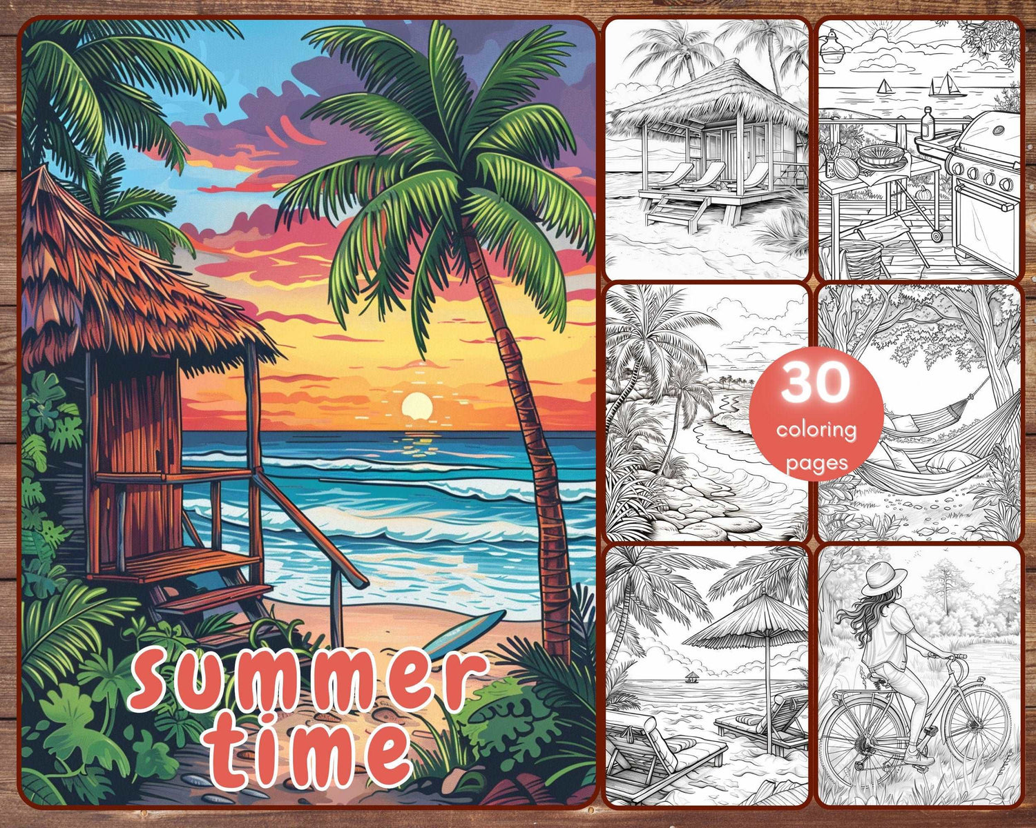 30 Summer Time Coloring Book, Grayscale Beach Coloring Pages for Adults, Flowers, Cabana, Tropical, Printable PDF, Instant Download