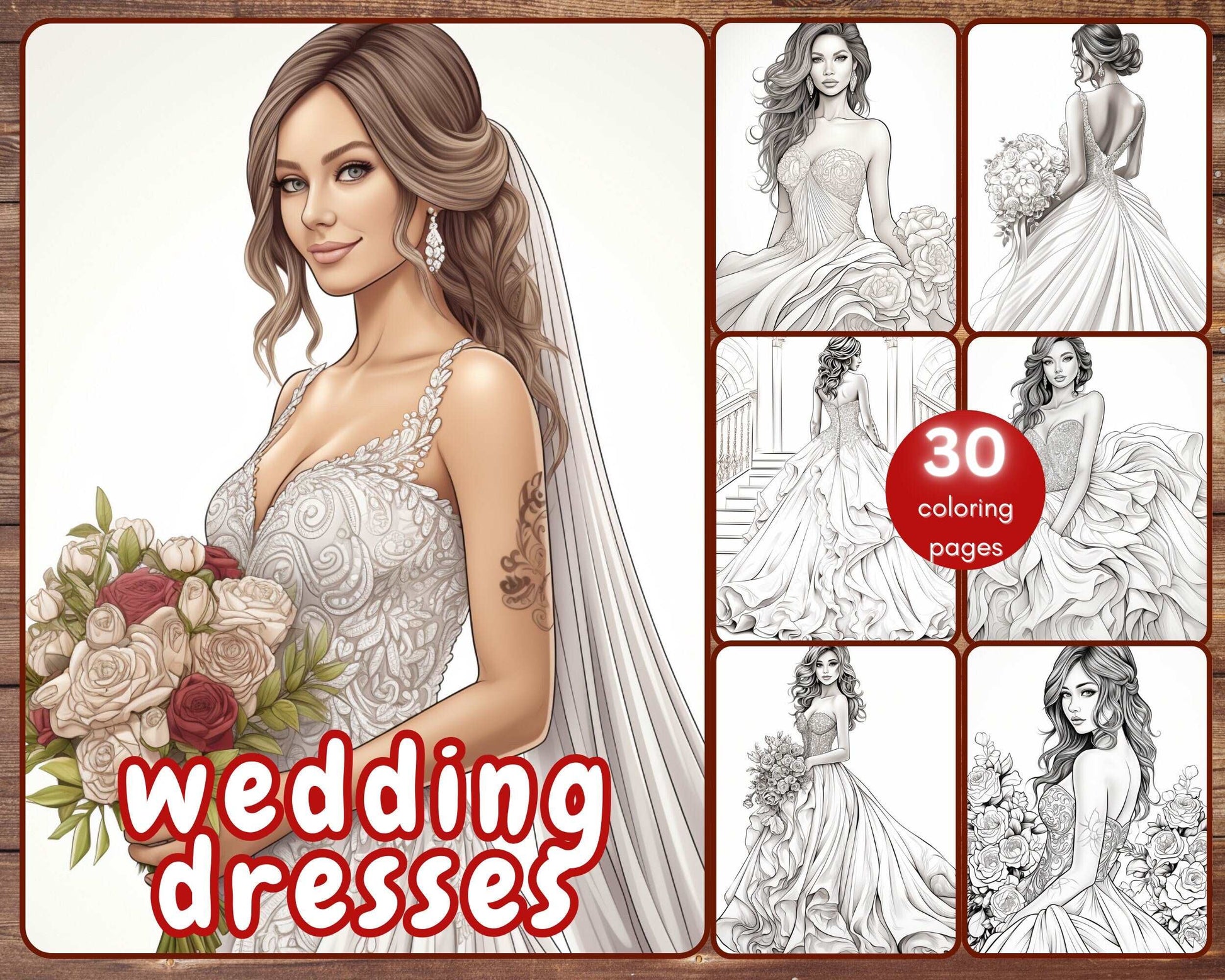 30 Wedding Dresses Coloring Book, Grayscale Fantasy Brides Coloring Pages for Adults and Teens, Printable PDF, Instant Download